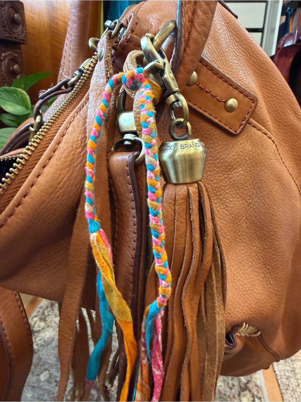 Lucky Brand Brown Leather Boho Shoulder Bag / Hobo Bag with Tassels - Picture 2 of 15